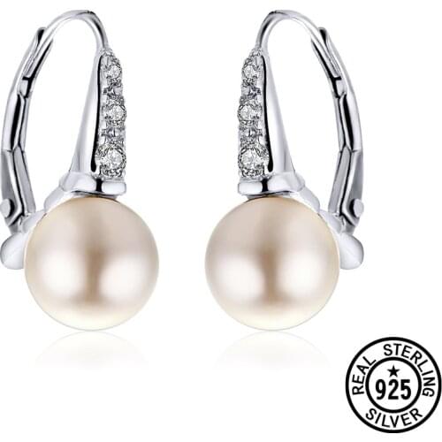 Real 925 Sterling Silver Earrings Classic White Shell Pearl with Clear Zirconia Clip Earrings For Women Delicate Fine Jewelry