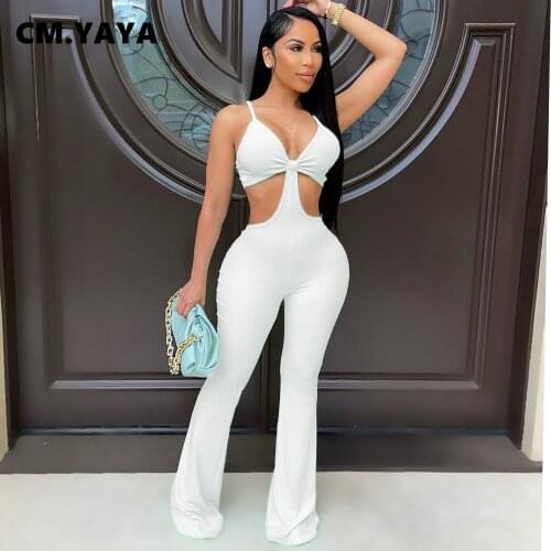 CM.YAYA Summer Ribbed Cut Out Straight Jumpsuit Sexy Beach Party Sleeveless Rompers Spaghetti Strap Knitted One Piece Overalls