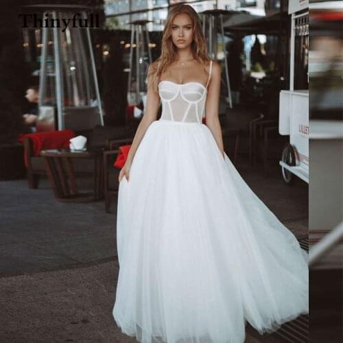 Thinyfull Spaghetti Long Simple A Line Ball Gowns Princess Wedding Dresses Pearls Tulle Sleeveless Bridal Gowns Bride Dress