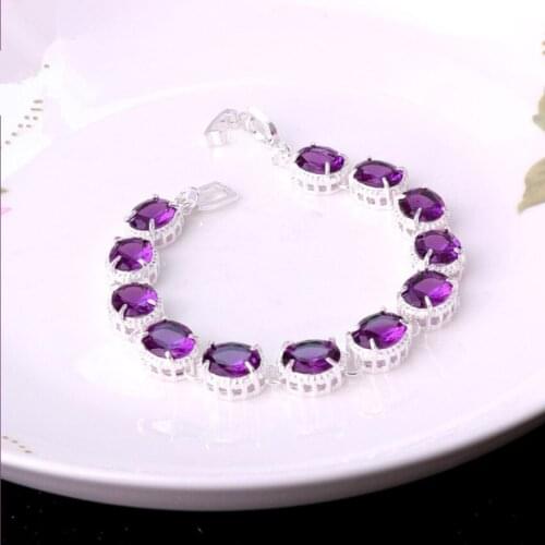 Trendy Silver Plated Stackable Oval Shape Purple Crystal Link Chain Bracelet for Women Anniversary Gift Jewelry