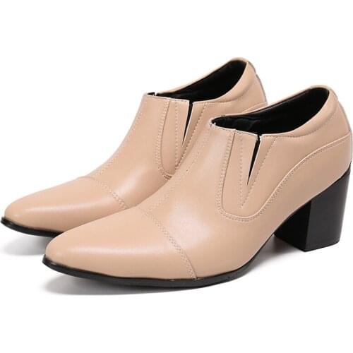 Italian New Fashion Nude Genuine Leather Men Office Shoes Large Size Pointed Toe High Heel Formal Party Dress Shoes Wedding
