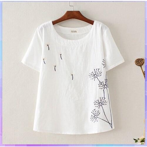 Tunic White Shirt Womens Embroidery Cotton Linen T-shirt O Neck Ladies Top Retro Casual Loose Short Sleeve Tee Shirt Plus Size