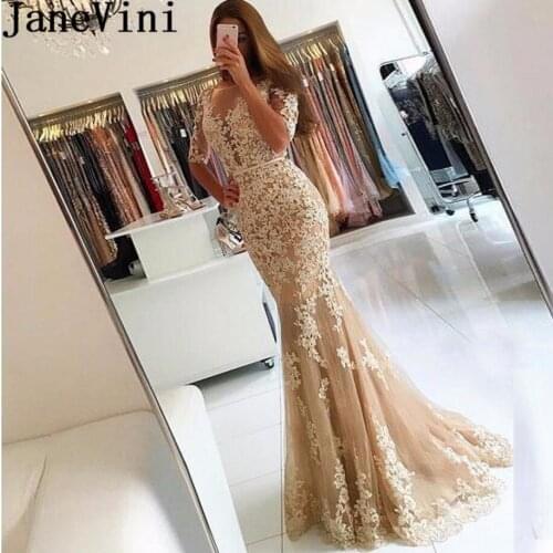 JaneVini Abito Lungo Champagne Tulle Long Evening Dresses 2019 Half Sleeves Backless Formal Gown Sheer Lace Mermaid Prom Dress