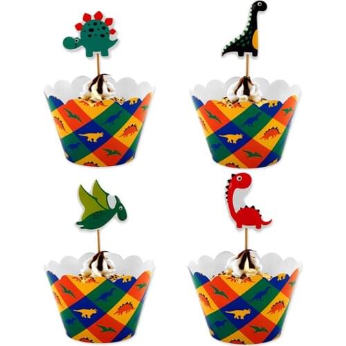 24pcs Cupcake Decoration Accessory 12pcs Wrappers 12pcs Toppers For Children Kids Dinosaur Theme Birthday Party Baby Shower