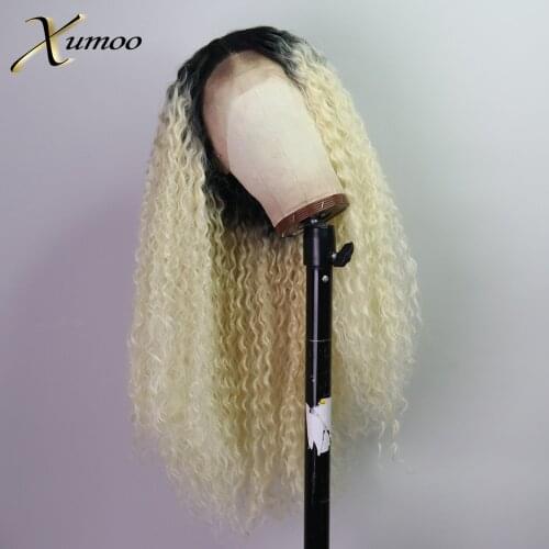 XUMOO Ombre Blonde Afro Curly Synthetic Wigs With Dark Roots Glueless 1B 613 Blonde Platinum Lace Front Wigs For Black Women