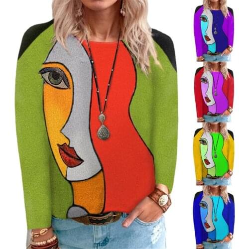 Women Long Sleeve Casual T-Shirt 2021 New Autumn O-Neck Face Printed Loose Tops T-Shirt New Fashion Lady Streetwear