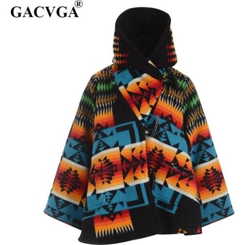 GACVGA Design Loose Women Cape Coat Hooded Print Blends Wool Coat 2020 Warm Winter Outerwear Flare Sleeve Jackets Overcoat