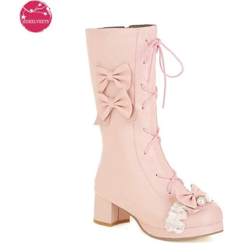 Lolita Chunky Heel Boots Cosplay Lace Up Sweet Pearl Bow Lady Platform Shoes Mid-Calf Fashion Brogue Side Zipper Bootie Dropship
