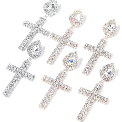 Fashion Metal Rhinestone Cross Earrings Womens Creative Popular Dangle Earrings Banquet Jewelry Accessories