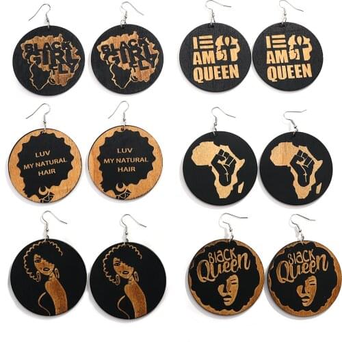 AENSOA Ethnic Vintage African Pattern Round Wooden Earrings For Women Black Series Painted English Letter Jewelry Wholesale