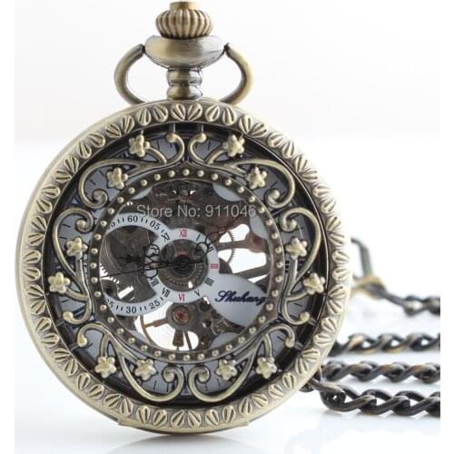Vintage Hollowed Flower Mechanical Hand Wind Pocket Watch Skeleton Antique Watches Roman Dial Wholesale