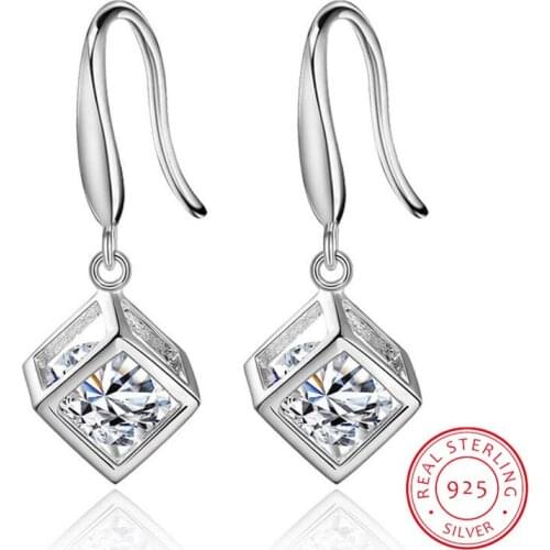 Love Window Zirconia Squre Cube Earrings For Women 925 Sterling Silver Ear Jewelry Gift S-E904