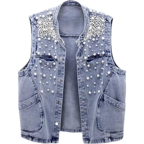 Spring Autumn Fashion Beading Denim Vest Female 2021 New Korean Women Sleeveless Jacket Korean Loose Big Pocket Waistcoat G711