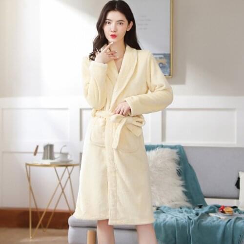 Winter Warm Flannel Bathrobe Women Knee-Length Bath Robe Soft Thicken Sample Solid Robes Female Dressing Gown Sleepwear Homewear
