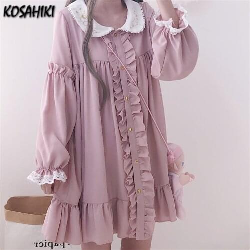 KOSAHIKI 2021 Summer Dress Women Harajuku Pink Ladies Ruffle Lace Patch Kawaii Dresses Lolita Cosplay Sweet Loose Vestidos