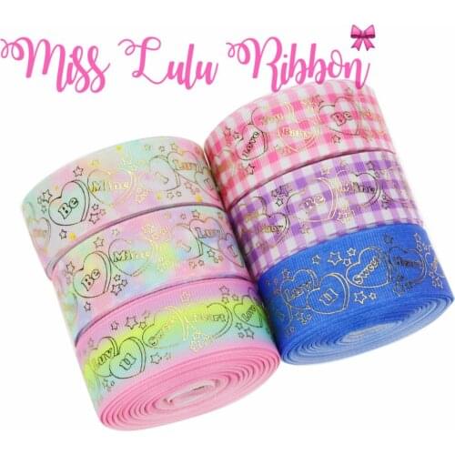 1"25mm Heart Words Gold Foil Rainbow Color Printed Grosgrain Ribbon Denim Like Hair Bowknots Making 50yards/roll