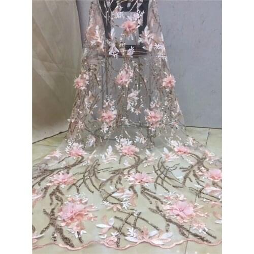 2019 High Quality Nigerian 3d Lace Fabrics African French beads Net Lace Fabric Embroidered Tulle Mesh Lace Fabric pink