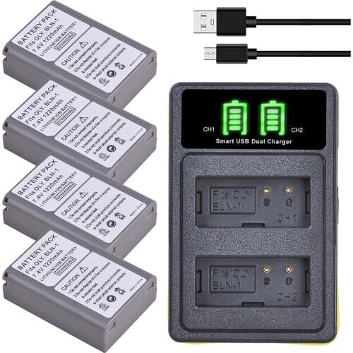 4Pcs BLN-1 PS BLN1 PS-BLN1 Batteries + Dual LED USB Charger for Olympus OM-D E-M1 E-M5 Mark II PEN-F E-P5 EM1 EM5 PENF EP5