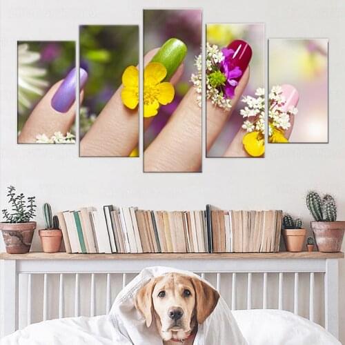 5 Panel Wall Art Canvas Beauty Salon Manicure Painting Nail Art Poster Modern Hd Print Picture Manicure Store Wall Decor frame