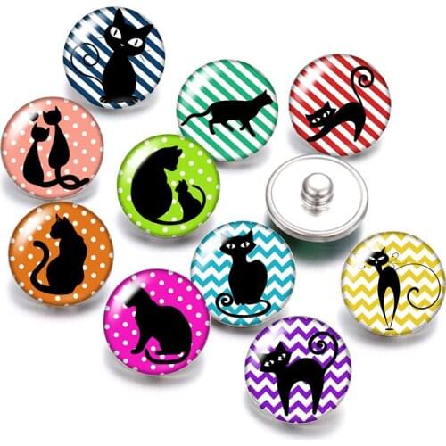 DB0556 Beauty Lovely Black Cats Pet 18mm snap buttons 10pcs mixed round photo glass cabochon style for snap button jewelry