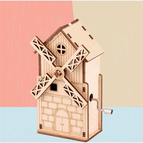 DIY Wooden 3D Jigsaw Puzzle Handmade Hand Cranked Windmill Music Box Assembly Model Building Kits Learning Toys for Children
