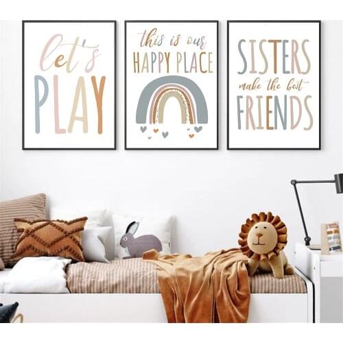 Lets Play Quotes Print Rainbow Canvas Painting Nursery Art Prints Sisters Friends Poster Nordic Wall Pictures Baby Room Decor