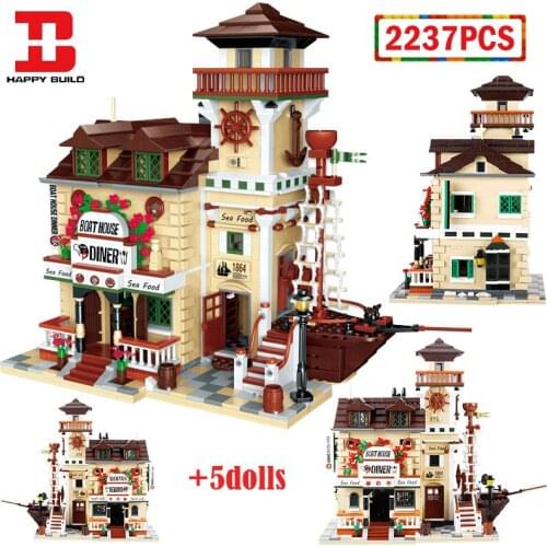 Happy Build Fisherman Houseboat Restaurant Architecture Building Blocks City Friends House Figures Bricks Toy for Children Gifts