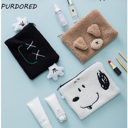 PURDORED 1 Pc Cute Animal Makeup Bag Soft Lamb Wool Women Cosmetic Bag Zipper Travel Female Make Up Pouch Student Pencil Bag