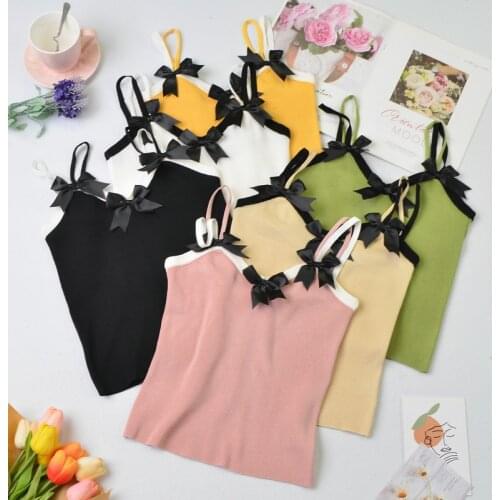 Heliar Women Summer Bow Camis Solid Knitted Tank Top Crop Female Slim Fit V-neck Streetwear Cute Style Crop Tops For Women