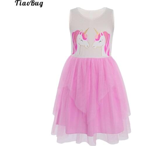 TiaoBug Summer Pink Kids Girls Summer Breathable Mesh Dress Round Neck Sleeveless Cartoon Horse Print Mesh Tutu Dress