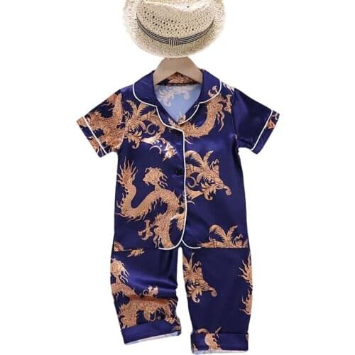 Summer Baby Boys Pajamas Set Childrens Suit Kids Clothes Toddler Ice Silk Satin Chinese Style Short Tops+Pants Set Home Wear