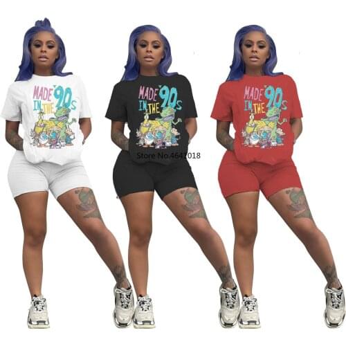 Echoine Summer Women Cartoon Print Sport Two Piece Set Short Sleeve Tee Tops & Shorts Suit Party Club jogger Tracksuit Outfit