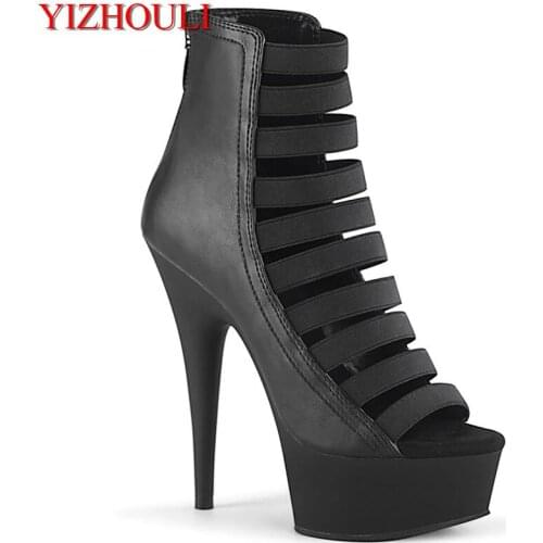 Stylish womens sexy black leather zip-top high-heeled shoes, elastic ankle boots 15cm womens catwalk ankle boots