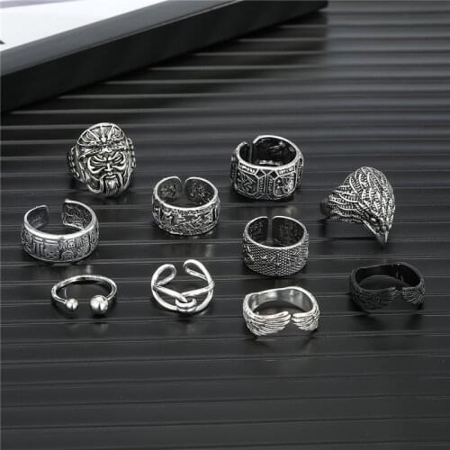 1PC New Gothic Punk Eagle Head Big Ring For Men Vintage Fashion Exaggerated Engraving Totem Hollow Round Wing Male Ring Jewelry