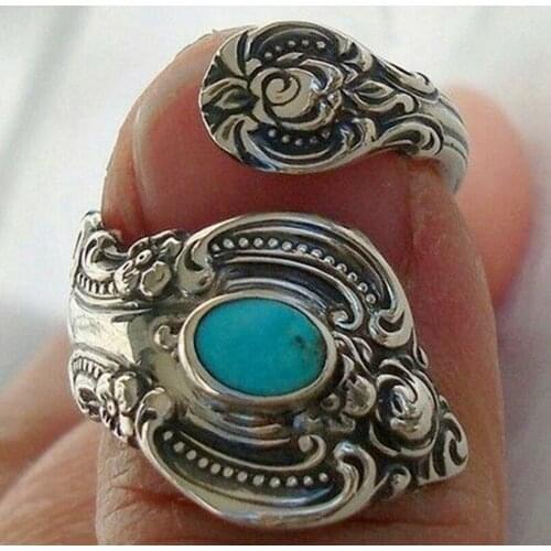 2021 New Korea Vintage Oval Turquoises Carved Adjustable Rings for Women Girls Trendy Jewelry Gift