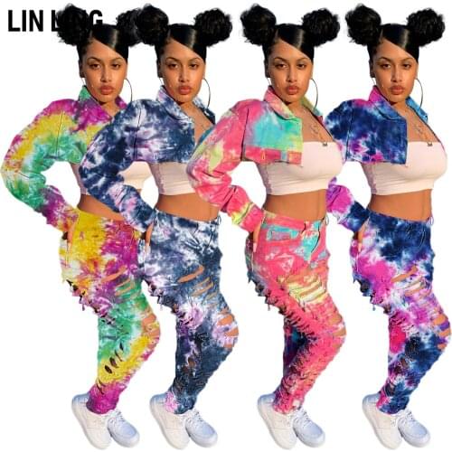 LINLING Hollow Tie Dye Printing Lapel Single Breasted Short Full Sleeve Jacket Tight Female New Street Ripped Pants Suit