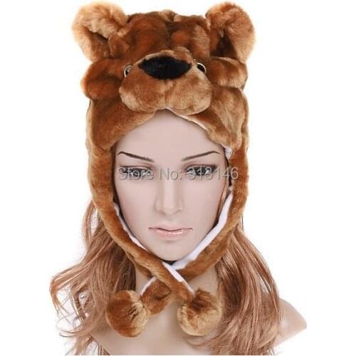 Fuzzy Cartoon Plush Animal Brown Bear Warm Beanie Faux Fur Hood Hat Winter Women Mens Children Kids Boys Girls Cosplay Costume
