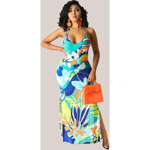 Floral Flower Print Vintage Long Party Dress Women Deep V Neck Sleeveless Bohemian Dress Summer Female Holiday Vacation Dresses