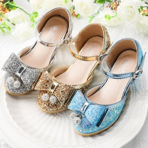 Girls Sandals Rhinestone Butterfly Latin Dance Kids Shoes Children High Heel Princess Shoes Glitter Leather Mary Jane Dress Shoe