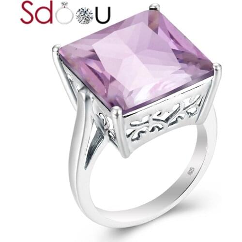 SDOOU 925 Silver Rings Pink Crystal Ring Square Gemstone Prong Setting Sterling Silver Ring Wedding Jewlery For Women Accessory