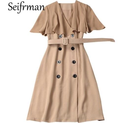 Seifrmann New 2021 Summer Women Fashion Runway Party Midi Dress Batwing Sleeve Sashes Double Breasted Chiffon Patchwork Dresses