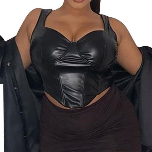 Sexy Leather Crop Top Womens Fashion Tops All-match Sling Slim Short Umbilical Vest T Shirt Blouse Tube Top Grunge Fairy Black