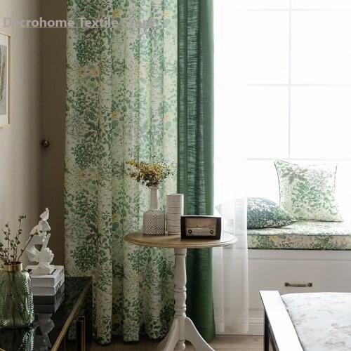 American Garden British Plant Flower Cotton and Linen Printing Curtains for Living Room Bedroom Kitchen Curtains Green Bay