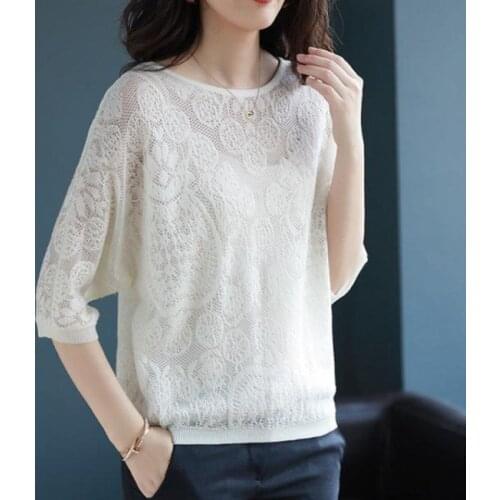 Half Sleeve Loose Knitted Summer Pullovers Casual O-neck Thin Women Printed Pull Jumpers Female Cool Pull Sweater