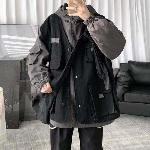 Spring and Autumn Tooling Jacket Korean Fashion Loose Style Fake Two-Piece Mens Hooded Jacket Korean Version Fashion Loose