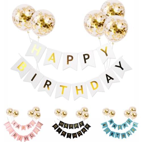 Birthday Party Ballon Bunting Banner Kit Hanging Golden Happy Birthday Letters Fishtail Banner With Sequins Balloon
