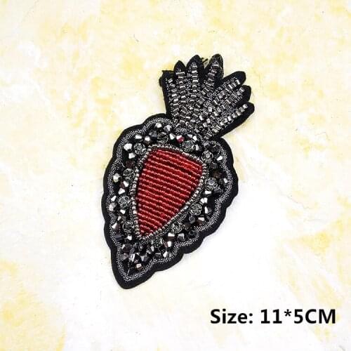 Beaded Crystal Red Diamond Heart Crown Patches Embroidery Applique Sew on Gold Badge Clothes Craft Sewing