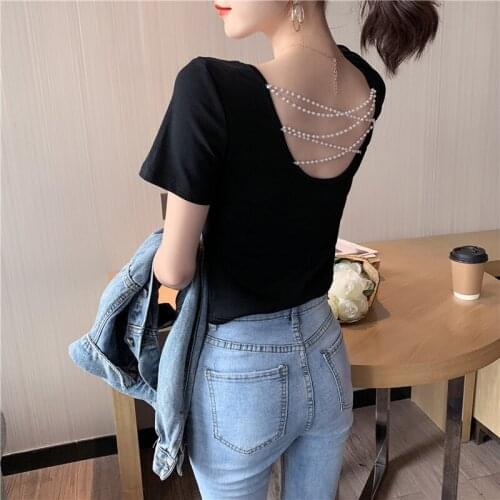 Summer Tops Women 2021 Korean Style Casual Hollow Out Pearls Beading Round Neck Short Sleeve Cotton T-Shirt Black White T638