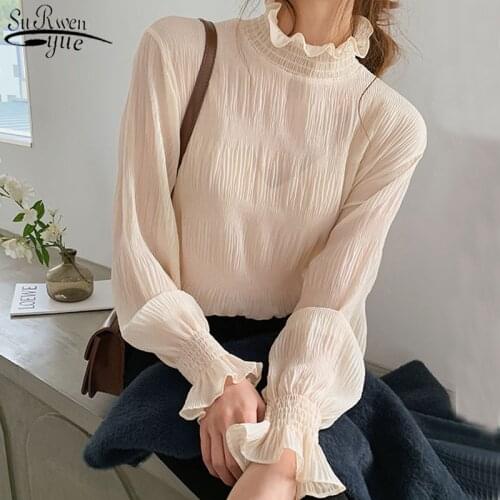 2021 Spring New Pleated Women Shirts Fashion Office Lady Chiffon Blouse Women Stand Collar Puff Sleeve Solid Female Tops 12725