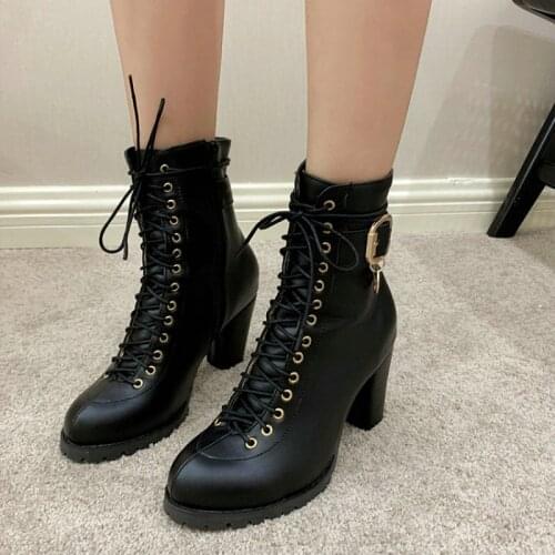 Sianie Tianie womans boots lace-up buckle strap block high heels sexy ladies pumps winter women ankle boots extra big size 48